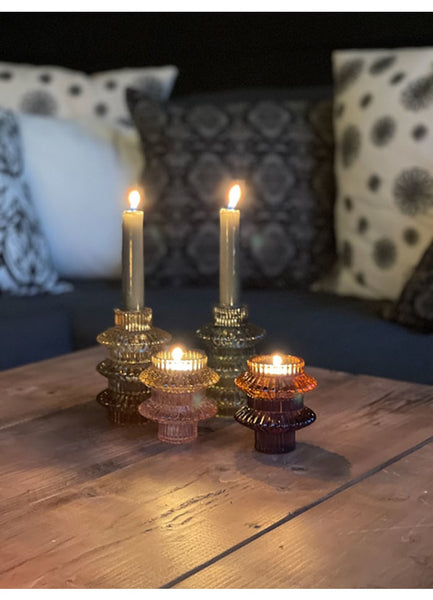Glass Candlestick & Tealight Holder - Dried Tobacco
