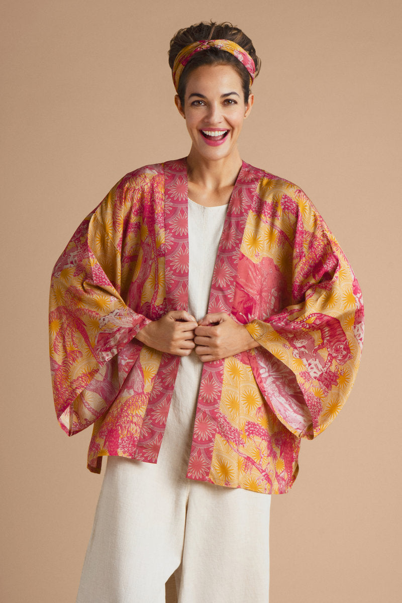 SALE WAS 50 NOW 35 Powder Tropical Toile Kimono Jacket Pineapple Fuchsia