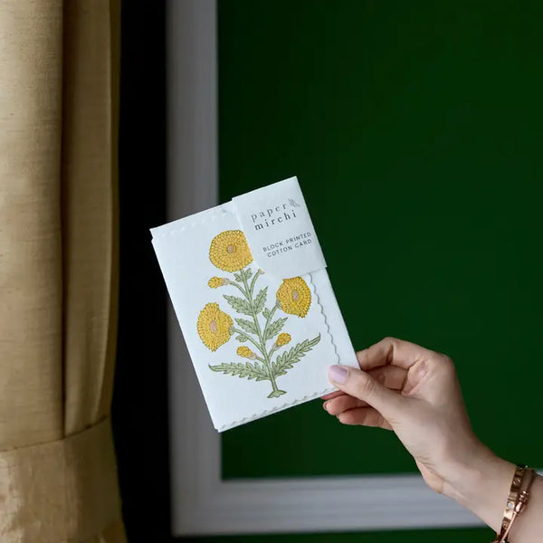 Hand Block Printed Greeting Card - Genda Saffron
