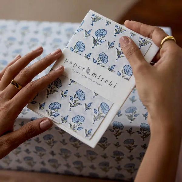 Hand Block Printed Greeting Card - Gc Ditsy Floral Blue Stone