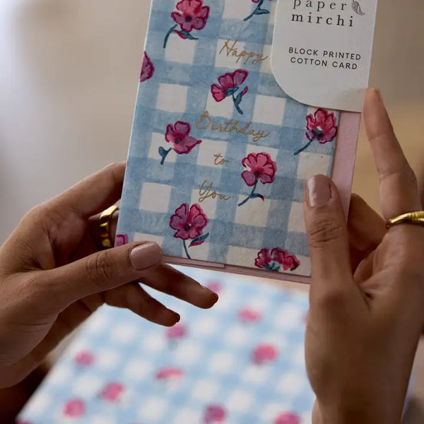 Hand Block Printed Birthday Card -  Gingham Pink Sorbet