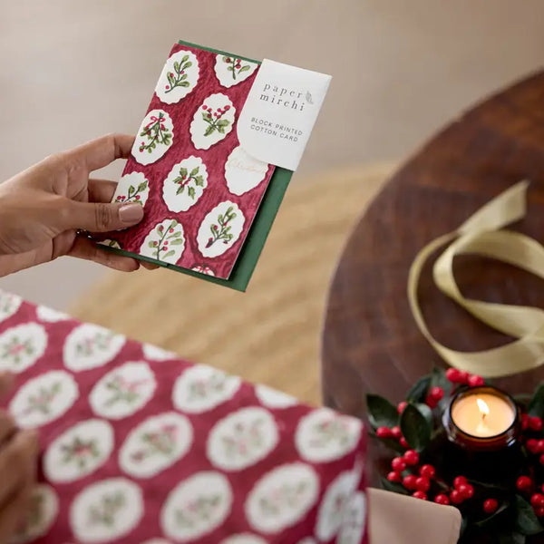 Hand Block Printed Christmas Card -  Berries