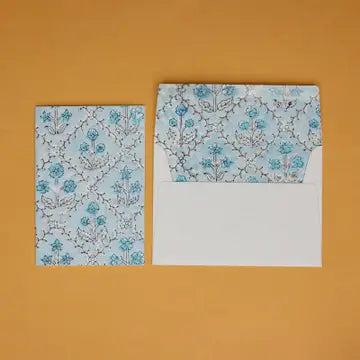 Hand Block Printed Greeting Card - Floral Lattice Blue Opal