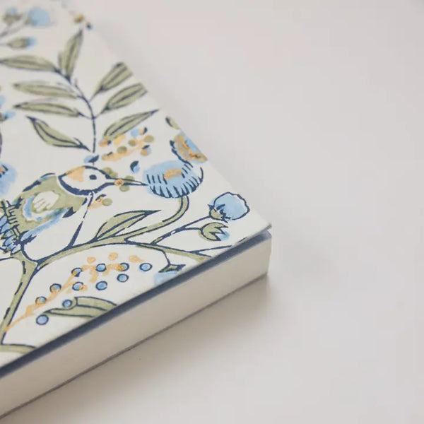 Hand Block Printed Blank A5 Notebook - Songbird Blue Stone