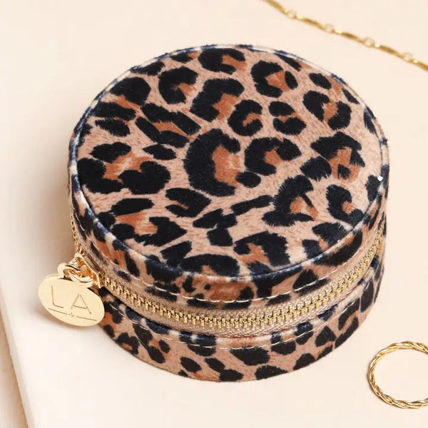 Leopard Print Velvet Round Travel Jewellery Case