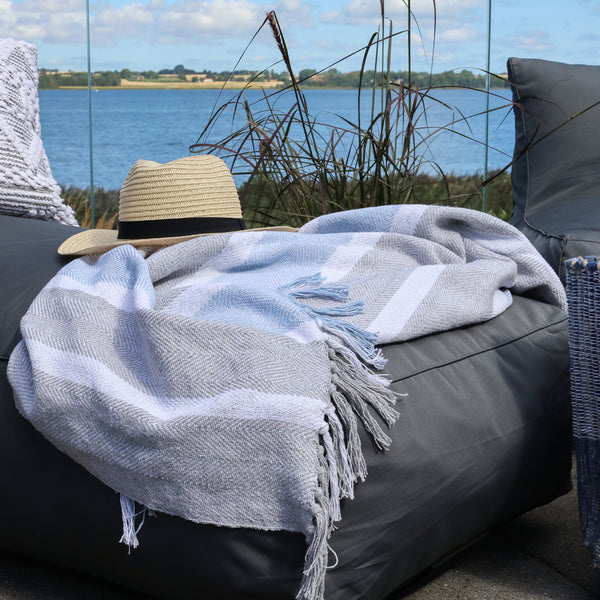 Aix Recycled Cotton Yarn Throw - French Grey & Sky Blue
