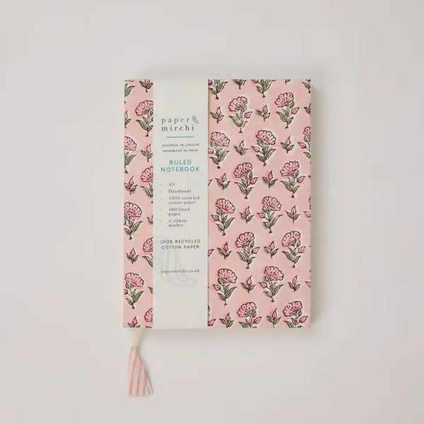 Hand Block Printed Blank A5 Notebook - Ditsy Floral Blush