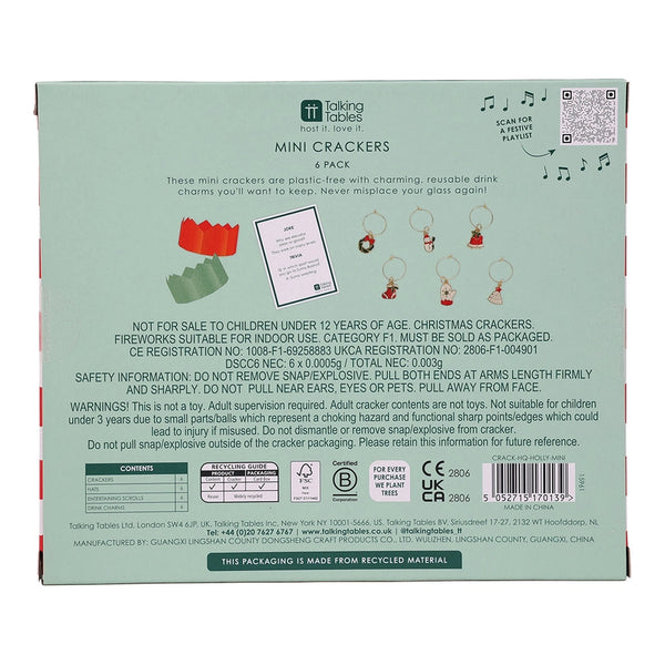 Holly Red & White Harlequin Mini Christmas Crackers w/Drink Charm - 6 Pack
