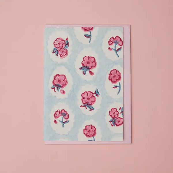 Hand Block Printed Greeting Card - Gc Scallop tile Pink Sorbet