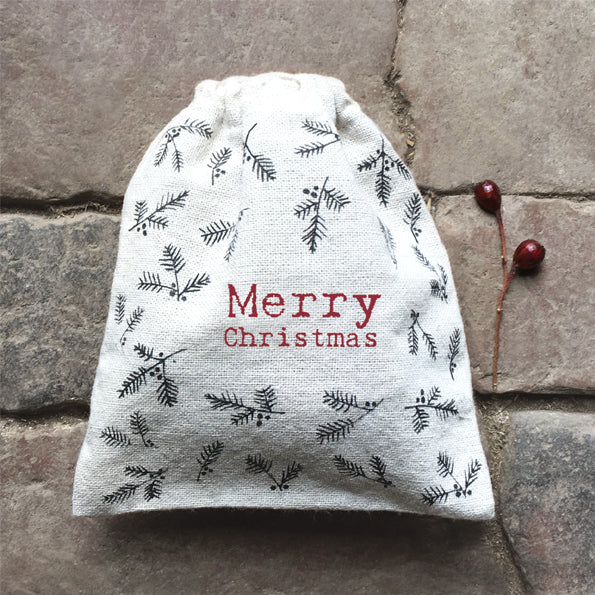 Merry Christmas Berries Drawstring Mini Canvas Bag