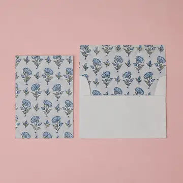 Hand Block Printed Greeting Card - Gc Ditsy Floral Blue Stone