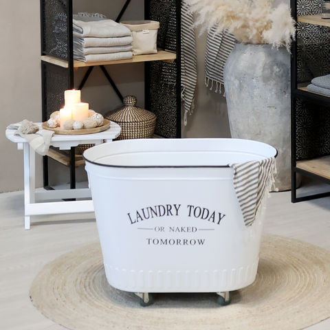 Enamel Laundry Basket w/wheels