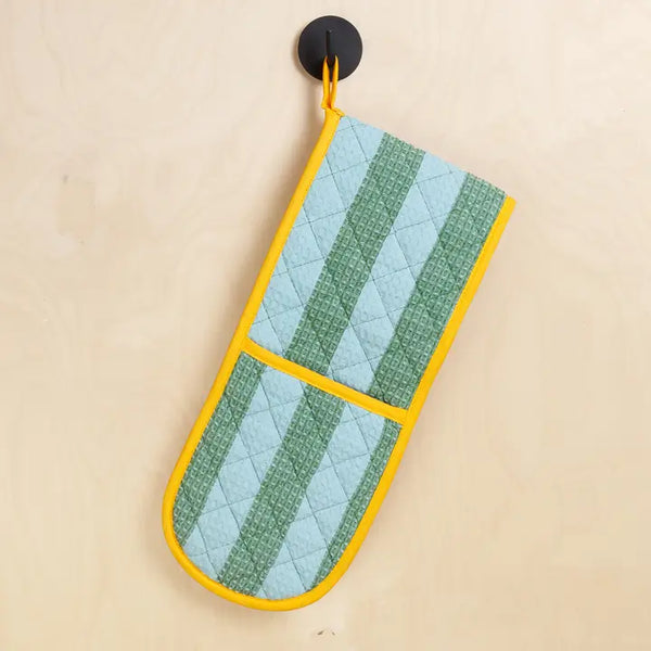 Cotton Double Oven Glove: Striped Green & Blue