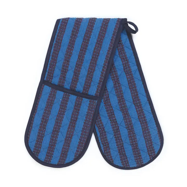Cotton Double Oven Glove: Striped Cobalt & Burgundy