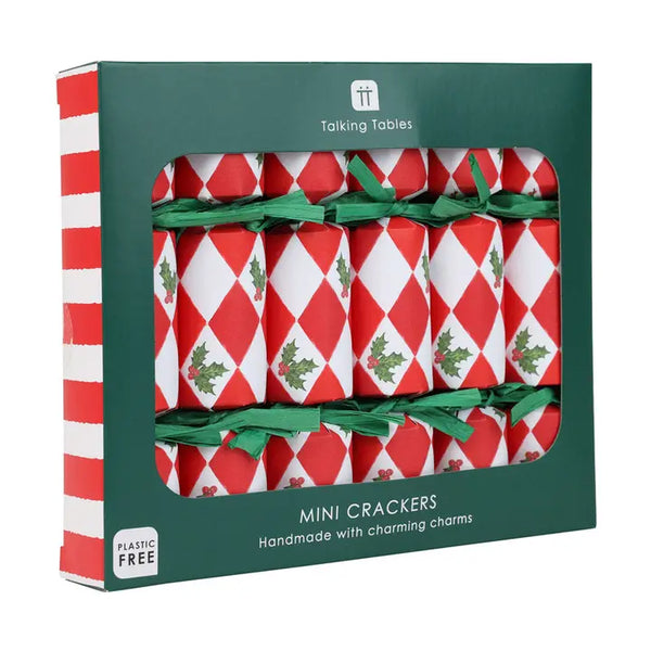 Holly Red & White Harlequin Mini Christmas Crackers w/Drink Charm - 6 Pack