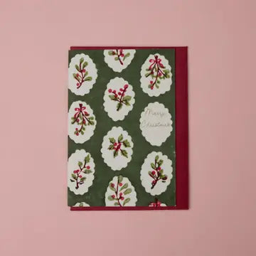 Christms Hand Block Printed Card - Scallop Tiles Holly Green