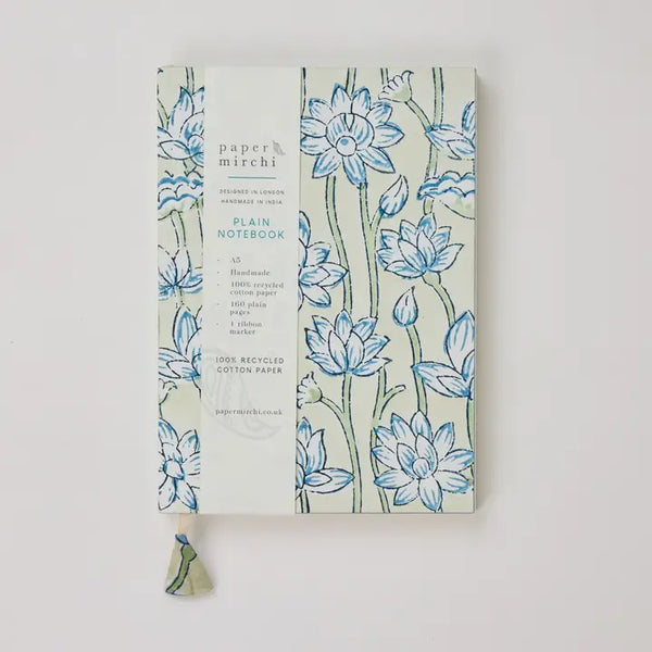 Hand Block Printed Blank A5 Notebook - Lotus Indigo