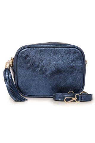 Crossbody Leather Camera Bag - Metallic Midnight Blue