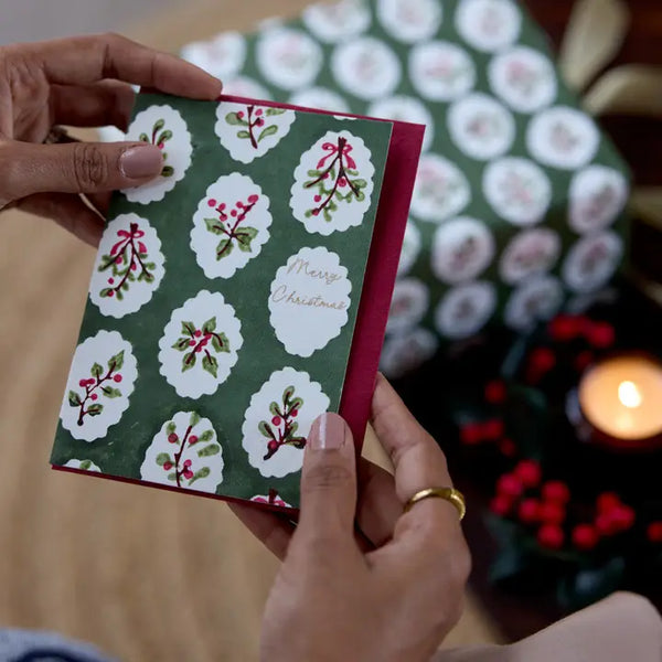 Christms Hand Block Printed Card - Scallop Tiles Holly Green