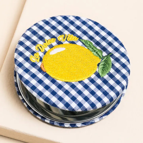 Blue and White Gingham Lemon Compact Mirror