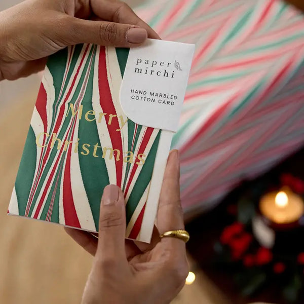 Christmas Hand Marbled Card - Candy Stripes
