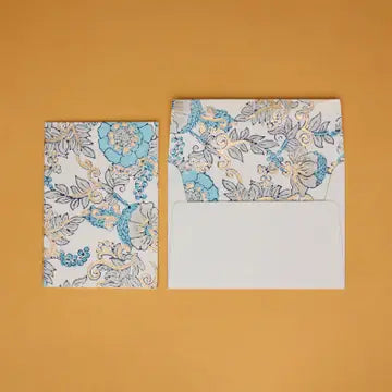 Hand Block Printed Greeting Card - Gc Wild Rose Blue Opal