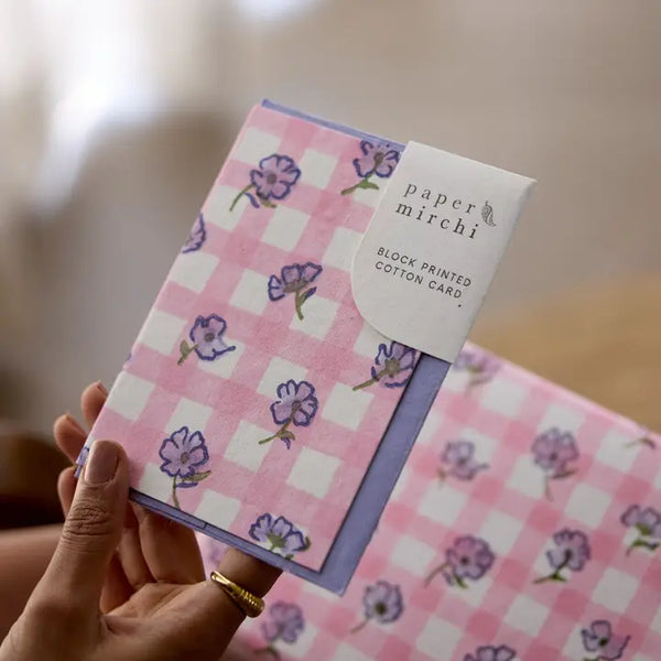 Hand Block Printed Greeting Card - Gingham Violet Meringue