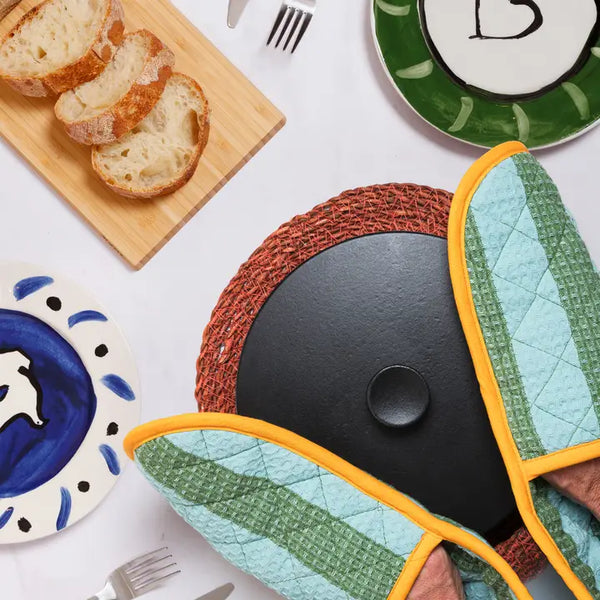 Cotton Double Oven Glove: Striped Green & Blue