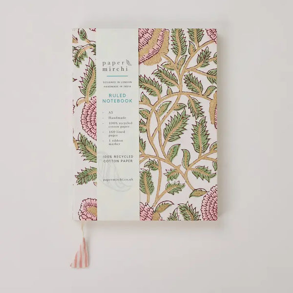 Hand Block Printed Blank A5 Notebook - Marigold Glitz Blush