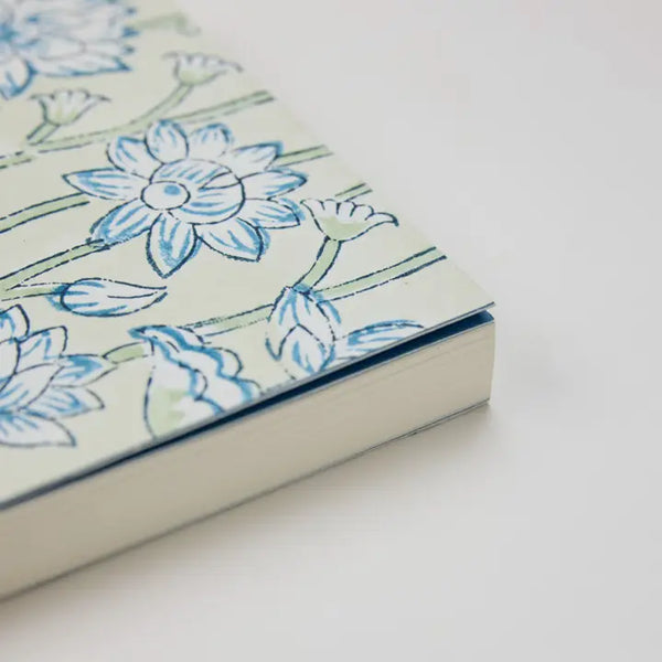 Hand Block Printed Blank A5 Notebook - Lotus Indigo