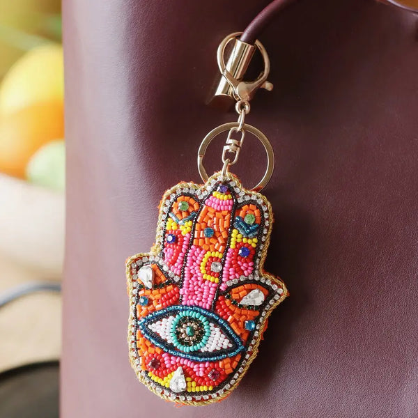 Beaded Rainbow Hamsa Hand Charm Keyring