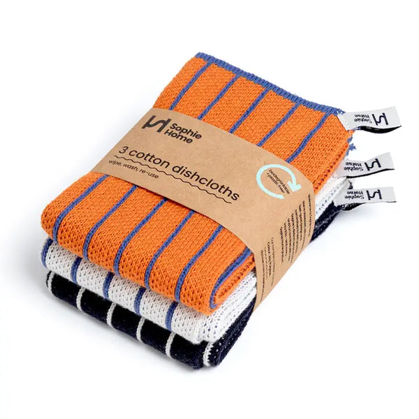Reusable & Eco-Friendly Cotton Knit Dishcloths - Orange Stripe
