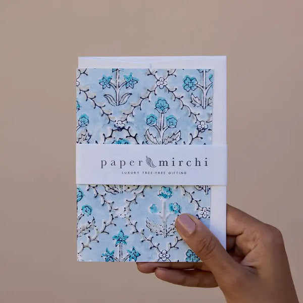 Hand Block Printed Greeting Card - Floral Lattice Blue Opal
