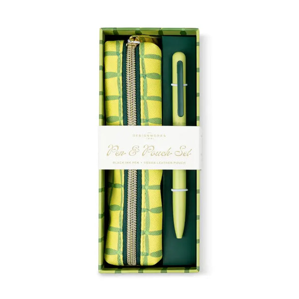 Pen & Pouch Set - Green Lattice