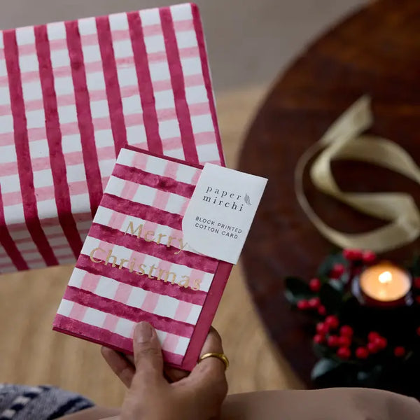 Hand Block Printed Christmas Card -  Gingham Christmas Pudding