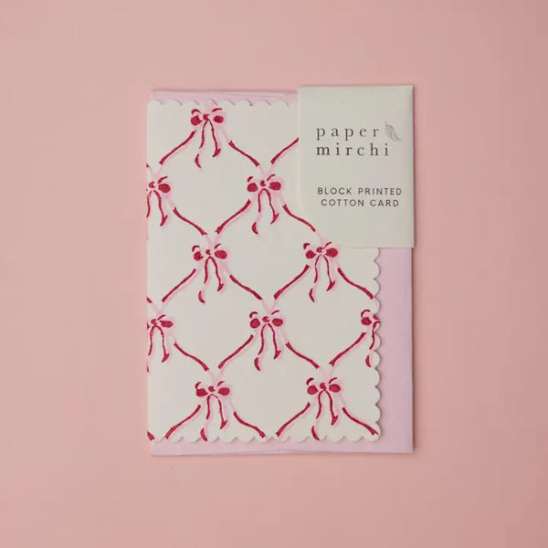 Hand Block Printed Greeting Card - Bows Pink Sorbet