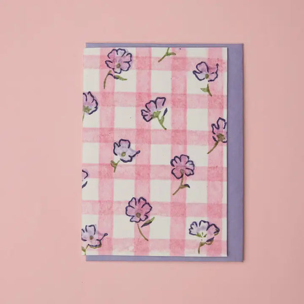 Hand Block Printed Greeting Card - Gingham Violet Meringue