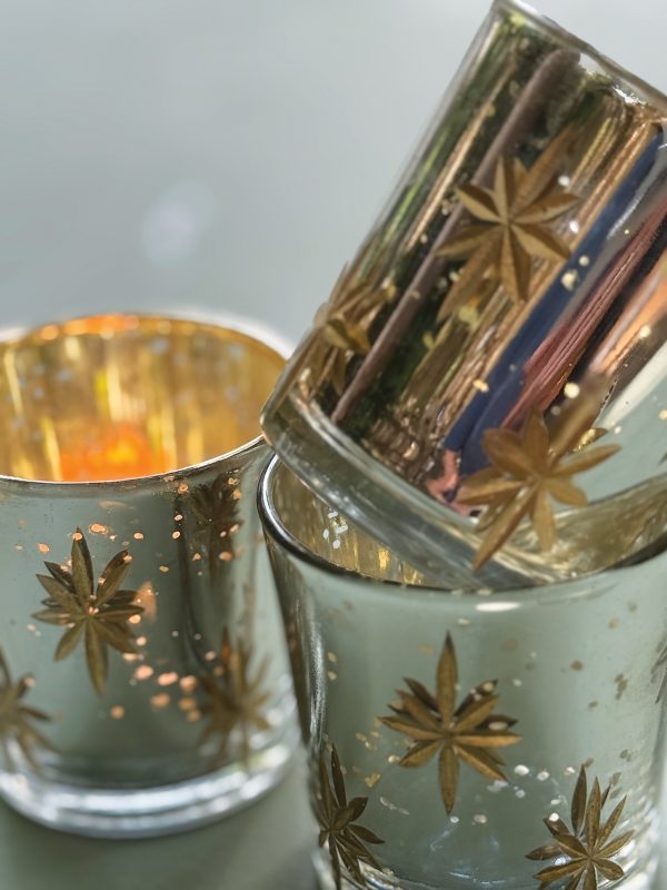 Glass Votive - Etched Silver w/Gold Stars
