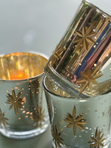 Glass Votive - Etched Silver w/Gold Stars