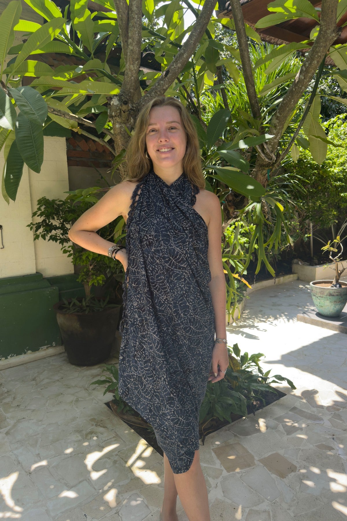 Hand Stamped Batik Sarong - Indigo Leaf