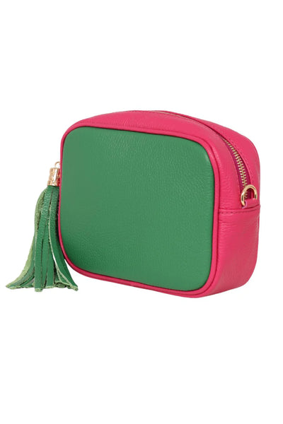 Crossbody Leather Camera Bag - Bright Green & Fuschia