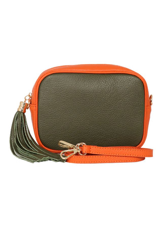 Crossbody Leather Camera Bag - Khaki & Orange