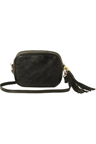 Crossbody Leather Camera Bag - Metallic Black