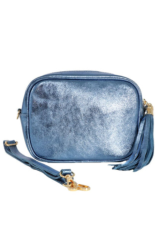 Crossbody Leather Camera Bag - Metallic Denim Blue
