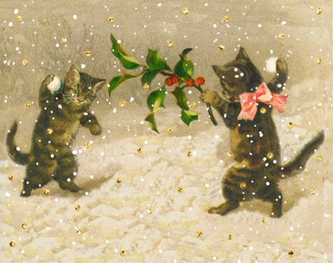 Vintage Petite Christmas Card - Christmas Kittens W/Glitter