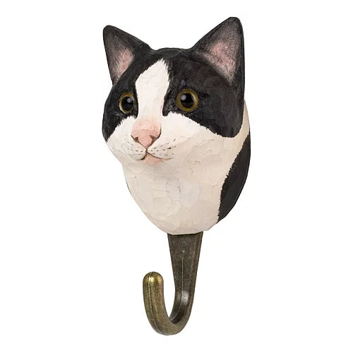 Handcarved Wooden Hook - Black & White Cat