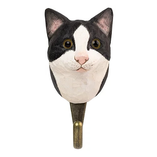 Handcarved Wooden Hook - Black & White Cat
