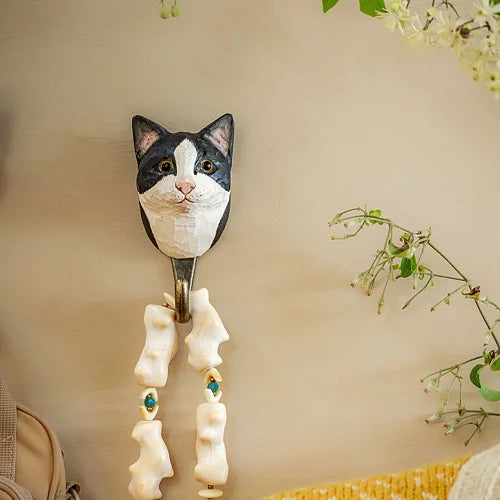 Handcarved Wooden Hook - Black & White Cat