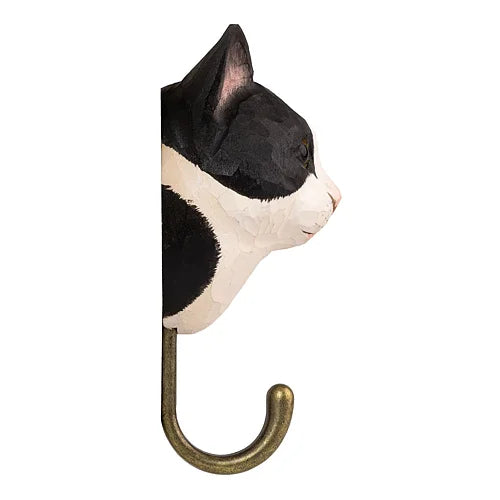Handcarved Wooden Hook - Black & White Cat
