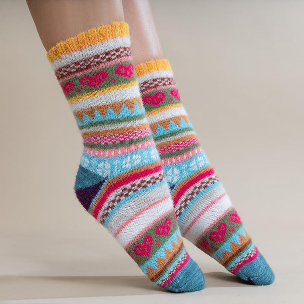 Multi Coloured Yellow Cuff Scandi Wool Blend Socks